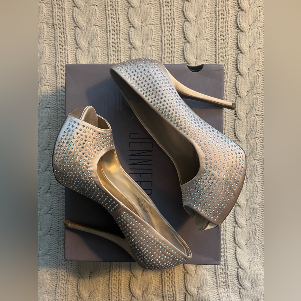 JLo blush blinged heels, peep toe, 5 inch heel, size 7.5